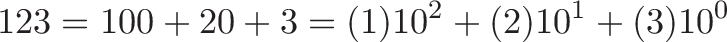 \displaystyle{123 = 100 + 20 + 3 = (1)10^2 + (2)10^1 + (3)10^0}