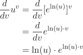
\begin{aligned}
\frac{d}{dv} u^v &= \frac{d}{dv} [e^{\ln(u)}]^v \\
&= \frac{d}{dv} e^{\ln(u) \cdot v} \\ 
&=  \ln(u) \cdot e^{\ln(u) \cdot v}
\end{aligned}
