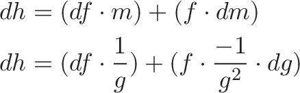 \begin{aligned}
dh &= (df \cdot m) + (f \cdot dm) \\
dh &= (df \cdot \frac{1}{g}) + (f \cdot \frac{-1}{g^2} \cdot dg)
\end{aligned}